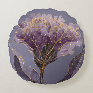 Purple Peony Inspired Floral Gold Accents Round Cushion