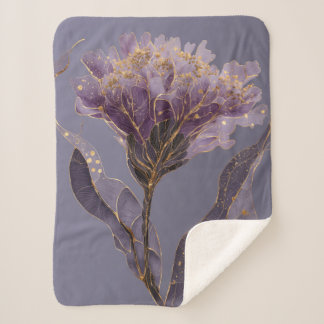 Purple Peony Inspired Floral Gold Accents Sherpa Blanket