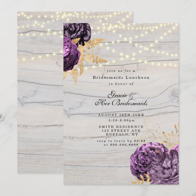 Purple Peony lights Bridesmaids Luncheon Invite (Front/Back)