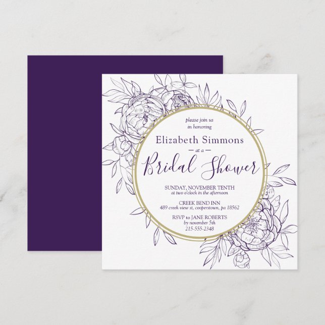 Purple Peony Modern Floral Toile Bridal Shower Invitation (Front/Back)