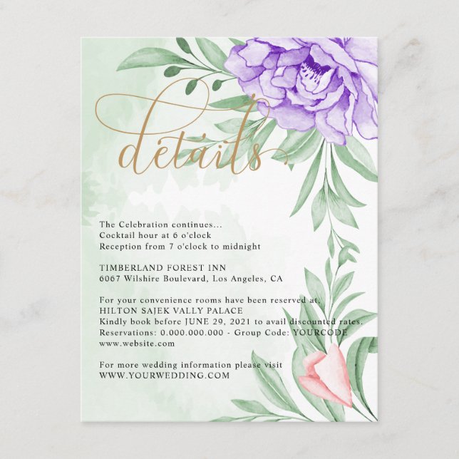 Purple Peony Rose Greenery Leaves Wedding Details Enclosure Card (Front)