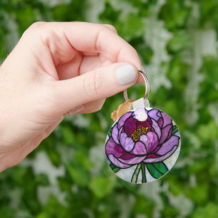 Purple Peony Stained Glass Key Ring