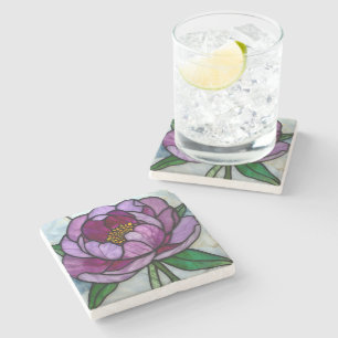 Purple Peony Stained Glass Stone Coaster