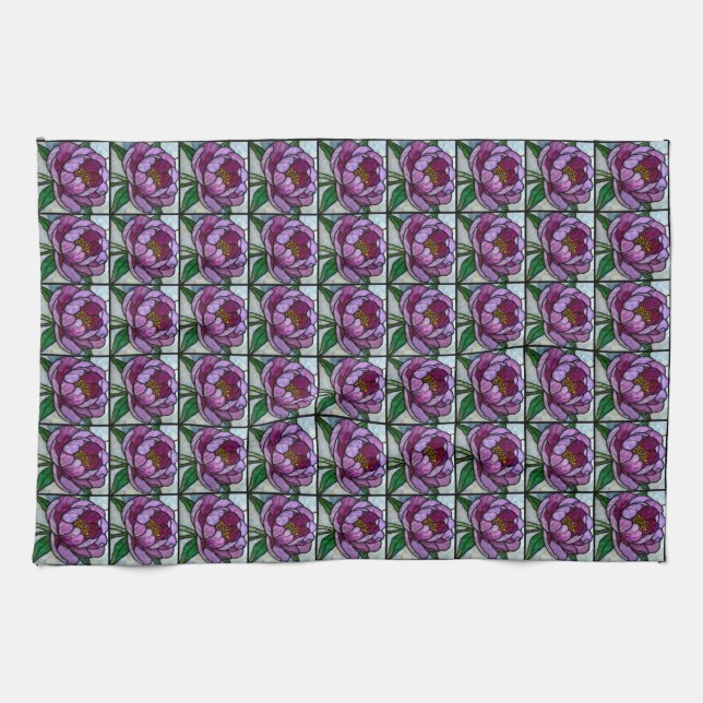Purple Peony Stained Glass Tea Towel (Horizontal)
