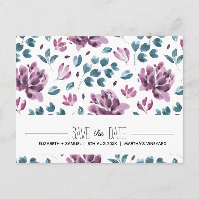 Purple peony watercolor Save the Date Postcard (Front)