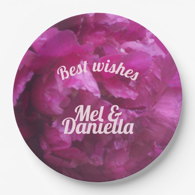 Purple peony wedding celebration floral paper plate (Front)