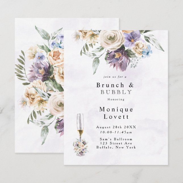 Purple Peony Wildflowers Brunch and Bubbly  Invitation (Front/Back)