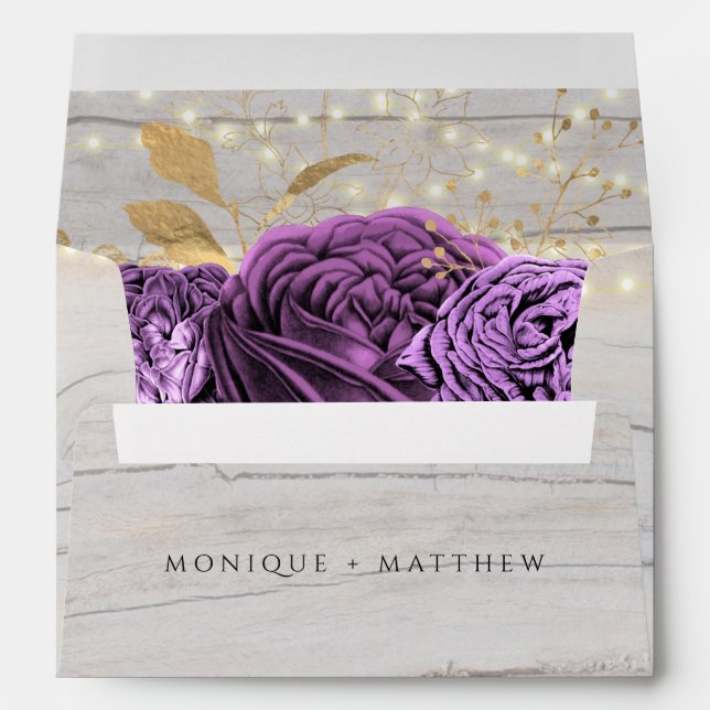 Purple Peony Wood String Of Lights Custom Wedding Envelope (Back (Bottom))