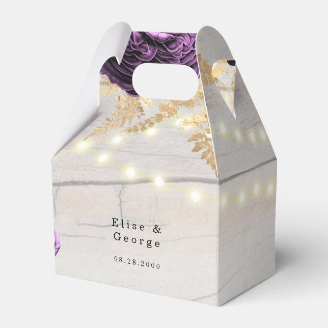 Purple Peony Wood String Of Lights Wedding Favour Box (Front Side)