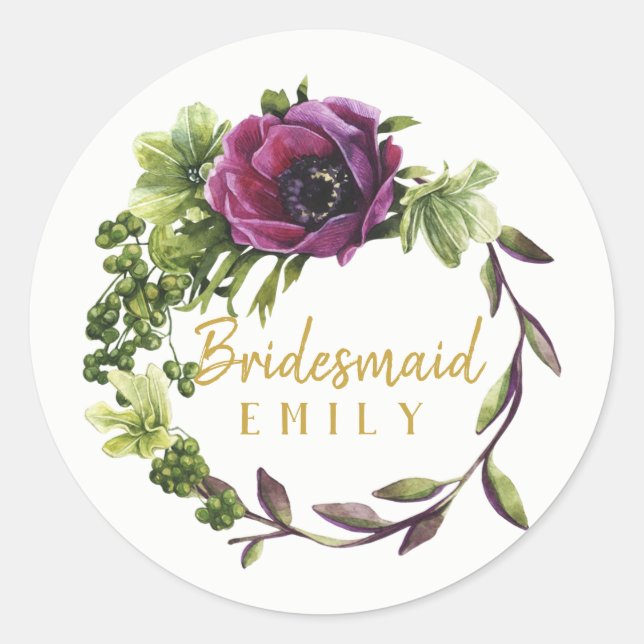 Purple Peony Wreath Bridesmaid Name ID456 Classic Round Sticker (Front)