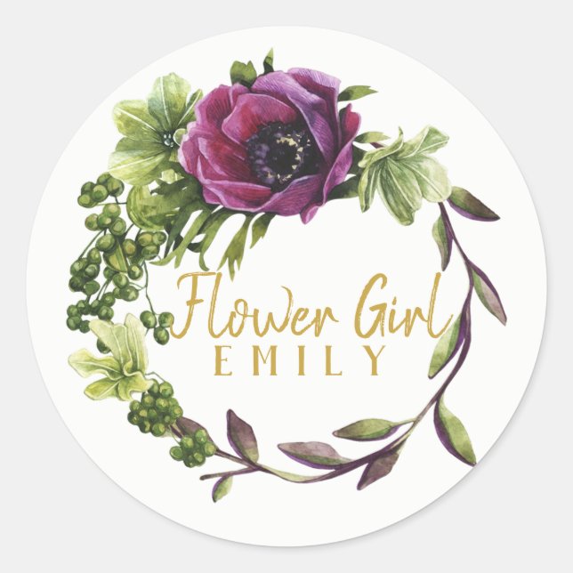 Purple Peony Wreath Flower Girl Name ID456 Classic Round Sticker (Front)