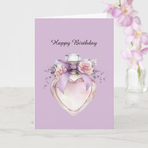 Purple Perfume Bottle Bow Pink Flowers Birthday Card
