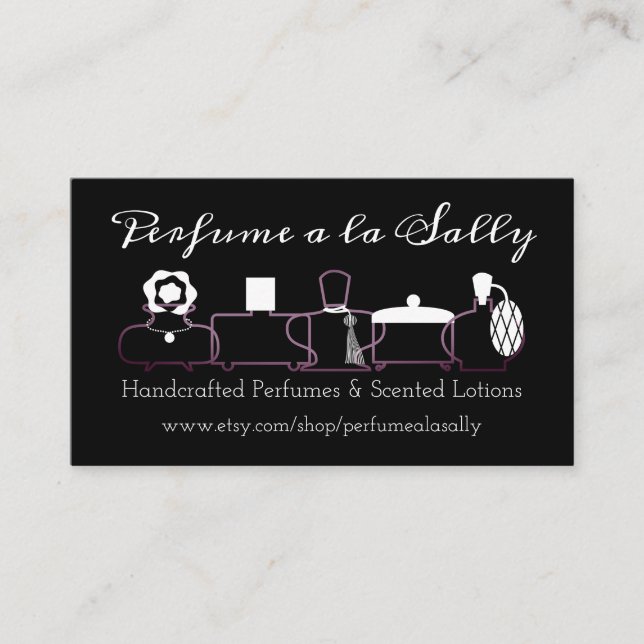 Purple perfume bottles scent lotions business card (Front)