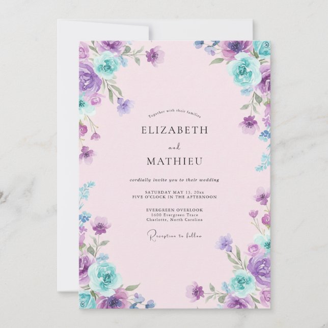 Purple Periwinkle Blossom Wedding Invitation (Front)