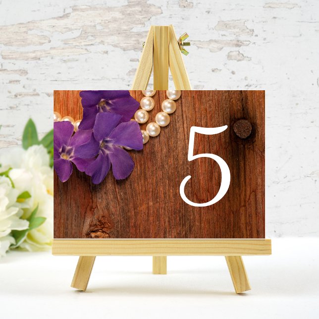 Purple Periwinkle Pearls Barn Wood Country Wedding Table Number (Creator Uploaded)