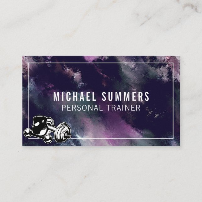 Purple Personal Trainer Gym Coach Weights Dumbbell Business Card (Front)