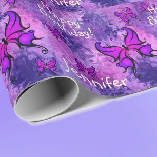 Purple Personalise Name Butterfly Roll of Birthday Wrapping Paper