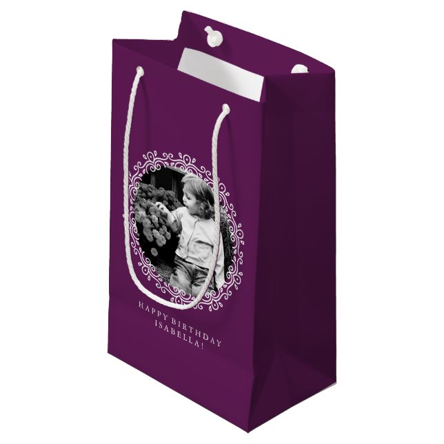 Purple Personalised Fancy Swirls Photo Frame Small Gift Bag (Front Angled)