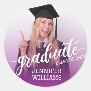 Purple   Personalised Graduation Photo Graduate Classic Round Sticker