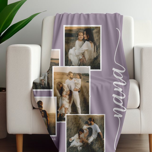 Purple Personalised Nana Grandkid 5 Photo Collage  Fleece Blanket (Creator Uploaded)