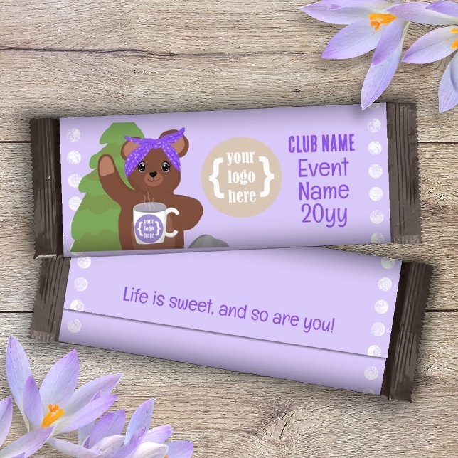 Purple Personalised, Teddy Bear Candy Bar Wrapper (bear camping purple party favor candy bar wrapper logo personalized diy chocolate label coffee cup)