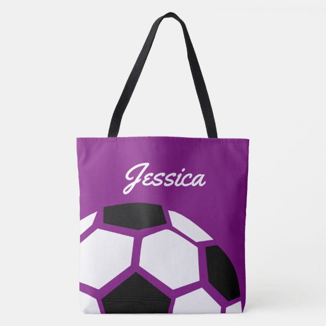 Purple Personalised Trendy Stylish Soccer Ball Tote Bag (Front)