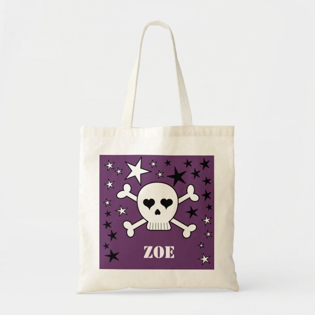 Purple Personalizable Cute Crossbone Skull & Stars Tote Bag (Front)