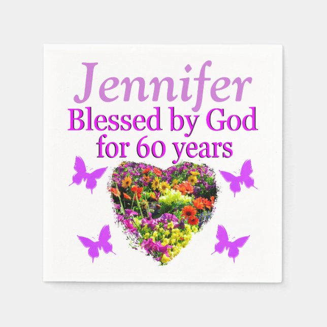 PURPLE PERSONALIZED FLORAL 60TH BIRTHDAY NAPKINS (Front)