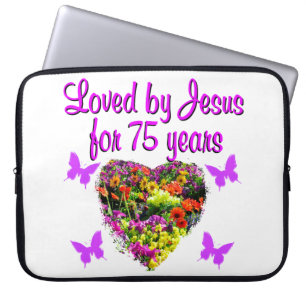 PURPLE PERSONALIZED FLORAL 75TH BIRTHDAY DESIGN LAPTOP SLEEVE