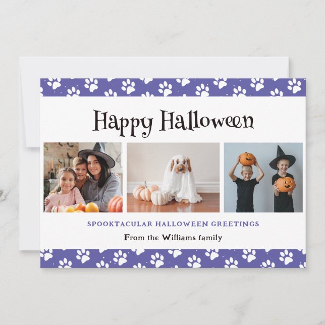 Purple Pet Paws Photo Happy Halloween  Holiday Card (Front)