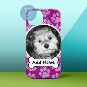 Purple Pet Photo Frame with Paw Prints Dog Bone iPhone 16 Case