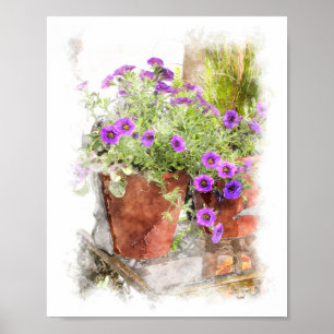 Purple Petunia Flowers Watercolor Digital Painting Poster