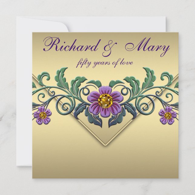 Purple Petunia Gold 50th Wedding Anniversary Invitation (Front)