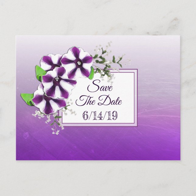 Purple Petunia Wedding Save the Date Postcard (Front)