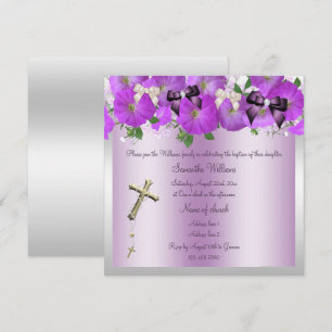 Purple Petunias, Bows, Rosary Girls Baptism Invitation