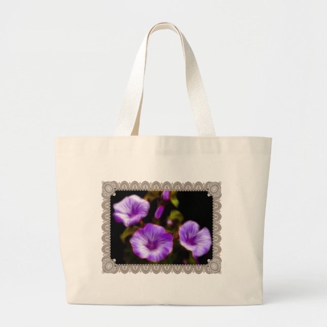 Purple Petunias in Lace Frame Large Tote Bag (Front)