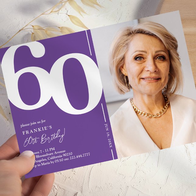 Purple Photo 60th Birthday Party Invitation (Creator Uploaded)