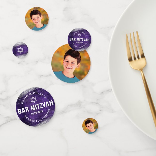 Purple Photo Bar Mitzvah Silver Foil Watercolor Confetti (Group)