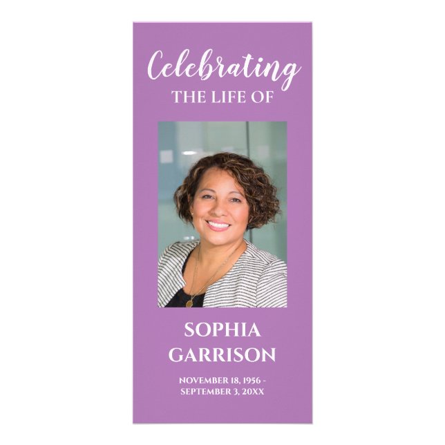 Purple Photo Celebration of Life Memorial Program Rack Card (Front)