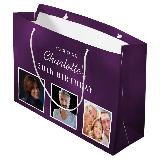 Purple photo collage name birthday large gift bag (Back Angled)