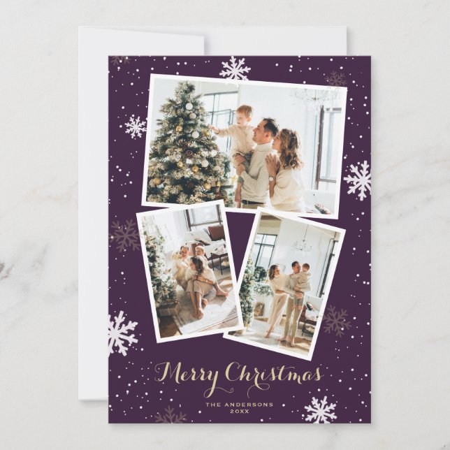 Purple Photo Collage Snowflakes Merry Christmas Holiday Card (Front)
