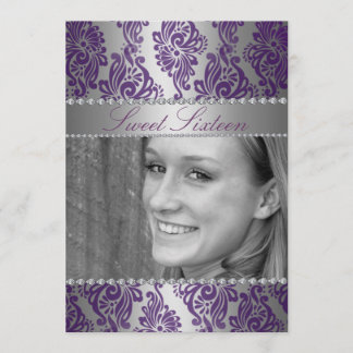 Purple Photo Floral Print Sweet 16 Birthday invite