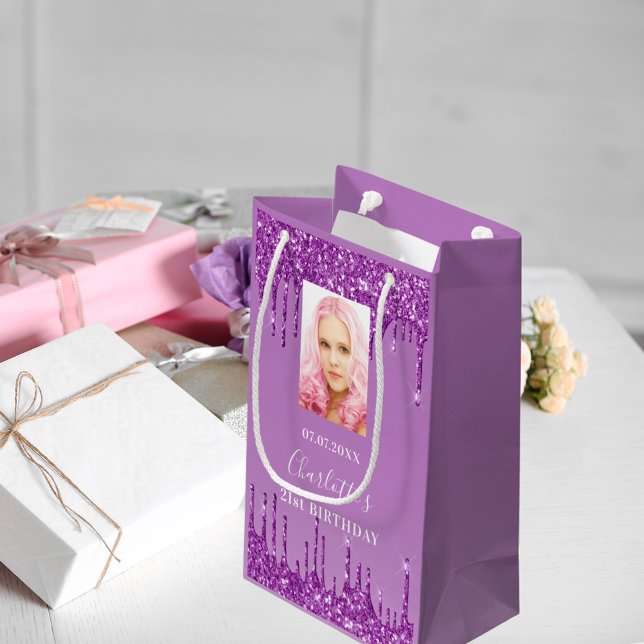 Purple photo glitter drips photo small gift bag (Creator Uploaded)