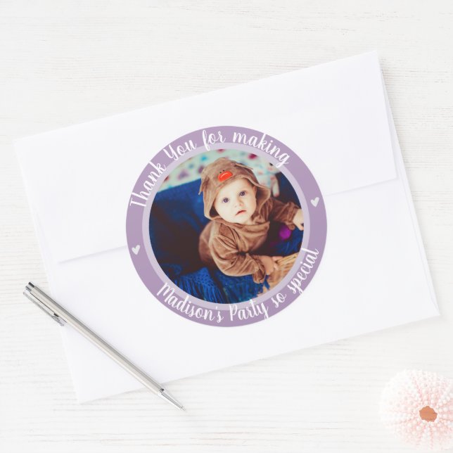 Purple Photo Kids First Happy Birthday Thank You Classic Round Sticker (Envelope)