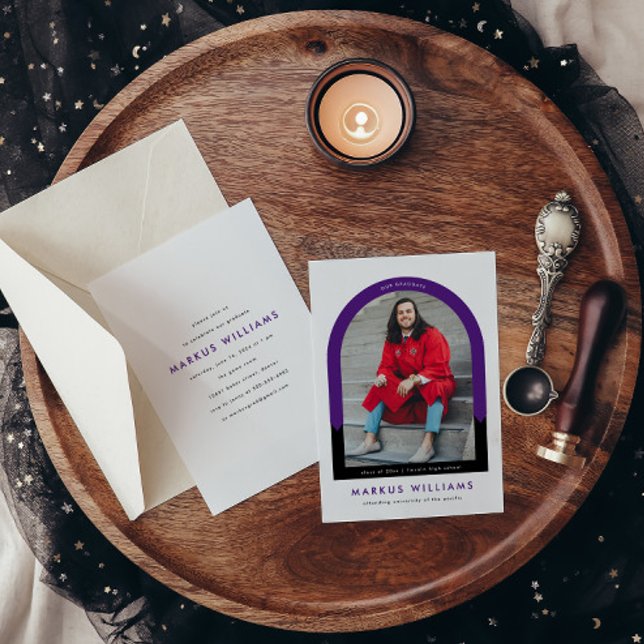 Purple Photo Modern Arch Simple Graduation Party Invitation (Creator Uploaded)