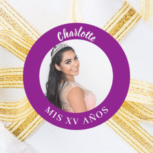 Purple photo name Quinceanera Classic Round Sticker