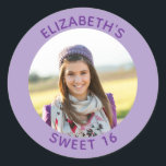 Purple Photo Sweet 16 Birthday Favour Classic Round Sticker<br><div class="desc">Create your own personalised purple border round framed photo favour stickers.
You can customise the solid background colour.
If you change the all caps style or font face,  you can change the curvature of the text in small increments if needed.
Have fun creating your own custom design.</div>