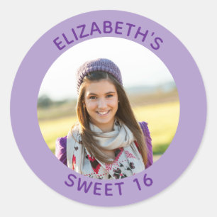 Purple Photo Sweet 16 Birthday Favour Classic Round Sticker