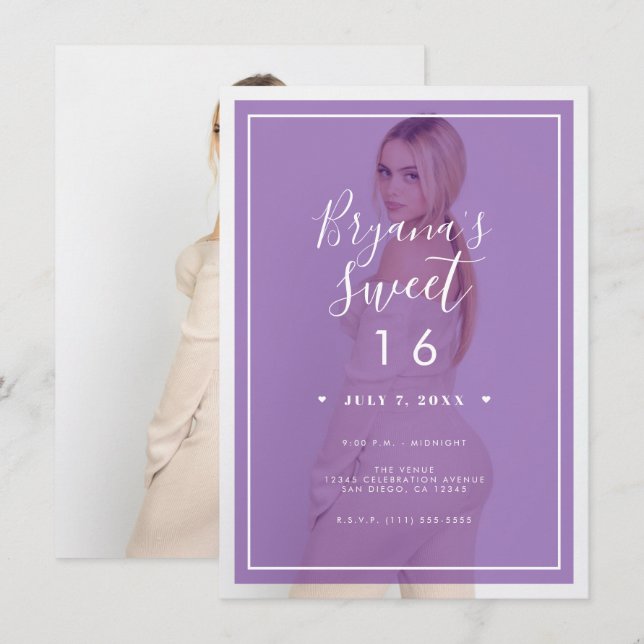 Purple Photo Tint Overlay 2 Modern Sweet 16 Invitation (Front/Back)