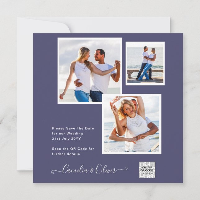Purple PHOTO Wedding Invite QR CODE RSVP Blue (Front)